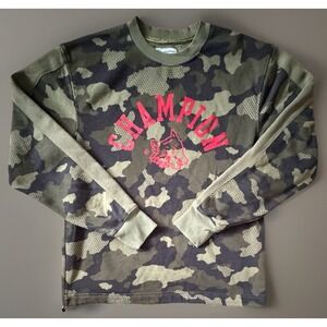 Champion Long Sleeve Sweatshirt Crew Neck Green Camouflage Wolf Logo Small JBHS